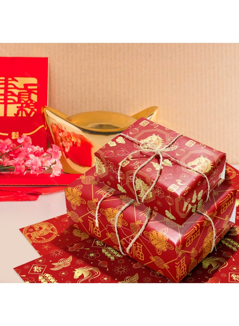 saykfoe 12 Sheets Chinese Red Wrapping Paper: Lunar New Year Gifts Wrap Paper - Year of The Horse Gift Wrapping Paper for Families Collague Friends Spring Festival Party Favors Gift Decor - Image 5